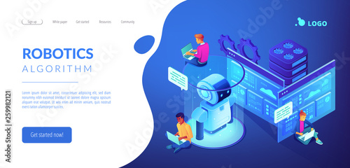 Robotics developers team with laptops work on robot automation process. Robotics design and programming, robotics algorithm and software concept. Isometric 3D website app landing web page template