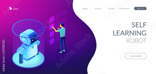 Robotics engineer working with robot data on virtual interface. Robotics data analysis, machine learning, self learning robot and ai concept. Isometric 3D website app landing web page template