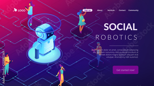Robot interacting with people with digital gadgets. Robot network security, human-robot interaction and chatbot, social robotics and media concept. Isometric 3D website app landing web page template