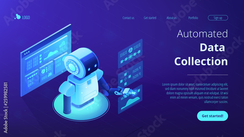 Modern robot working with analytics data pie charts and graphs. Bot marketing, automated data analysis, automated data collection concept. Isometric 3D website app landing web page template