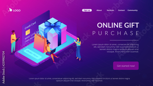Customers with gadgets order now and buy presents on smartphone screen. Online gift purchase, gift shop application, mobile purchase concept. Isometric 3D website app landing web page template