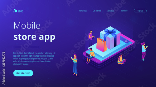 Buyers with digital devices shopping with mobile app at smartphone with gifts. Mobile store app, gift-buying application, mobile gift shop concept. Isometric 3D website app landing web page template