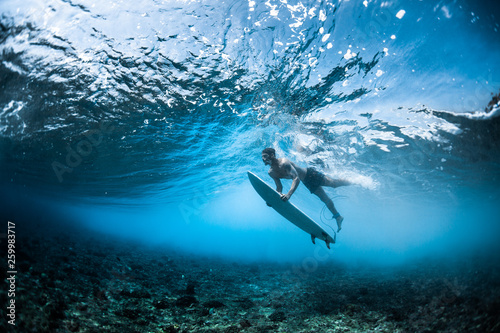 Photography Surfer performs dive (the duck dive) with his surfboard under the wave