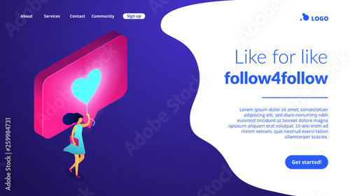 Businesswoman sharing content in social media with like. Personal brand, sharing content online, like for like and follow4follow concept. Isometric 3D website app landing web page template photo