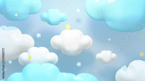 Kawaii blauwe wolken en sterren. 3D-rendering afbeelding.