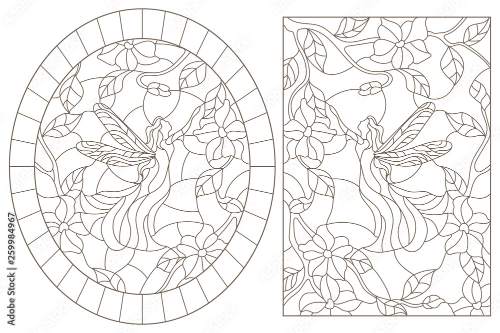 A set of contour illustrations of stained glass Windows with fairies on a background of colors , dark contours on a white background A set of contour illustrations of stained glass Windows with fairies on a background of colors , dark contours on a white background