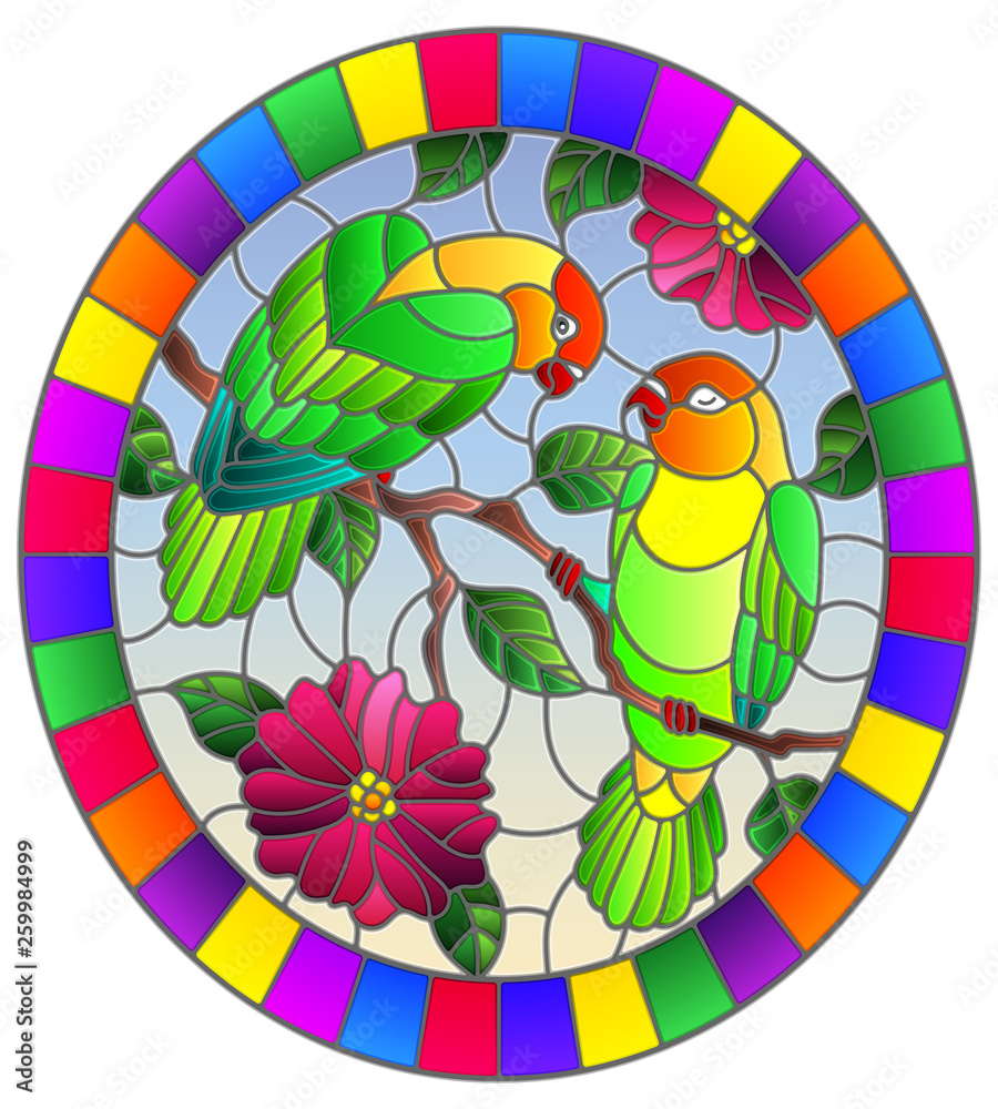 Fototapeta premium Illustration in stained glass style with pair of birds parrots lovebirds on branch tree with pink flowers against the sky, oval image in bright frame