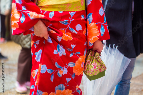 Young japanese girl wearing Kimono traditional cloth in Inari shrine