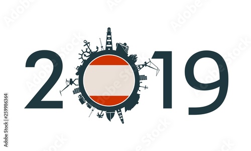 Circle with sea shipping and travel relative silhouettes. Objects located around the circle. Industrial design background. 2019 year number. Flag of the Antwerp