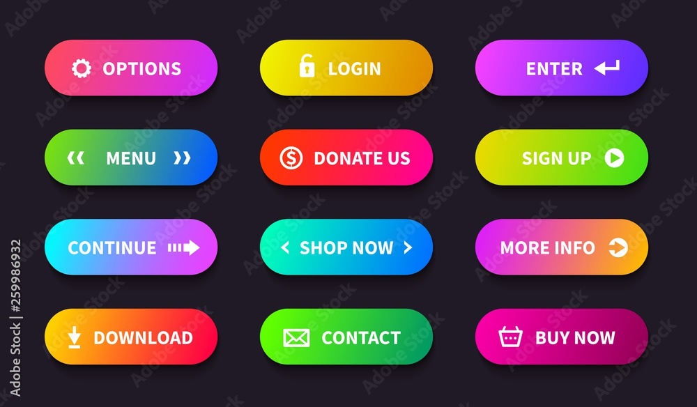 Gradient action button. Shop download banner, flat oval interface, web ui navigation buttons. Vector mobile game app button Gradient action button. Shop download banner, flat oval interface, web ui navigation buttons. Vector mobile game app button