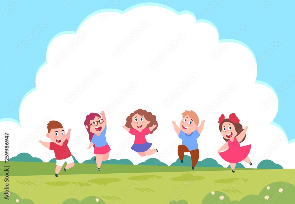 Happy cartoon children. Preschool playing kids on summer nature background with clouds. Vector group of active children