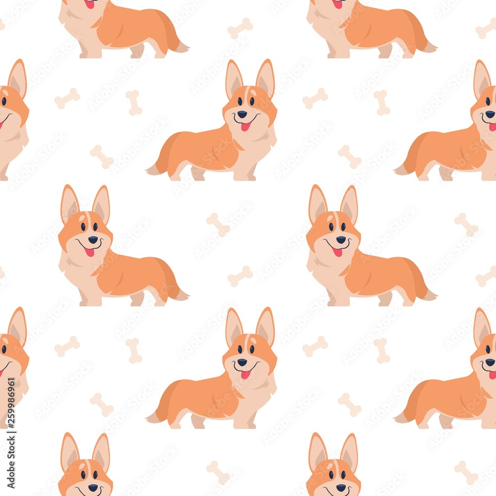 Seamless corgi pattern. Cartoon home pet, set of cute puppies for print, posters and postcard. Vector corgi animal pattern