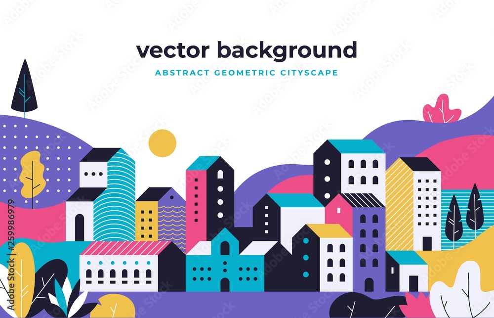 Naklejka premium Minimal cityscape. Flat geometric background with buildings leaves treas and fields, nature environment vector landscape