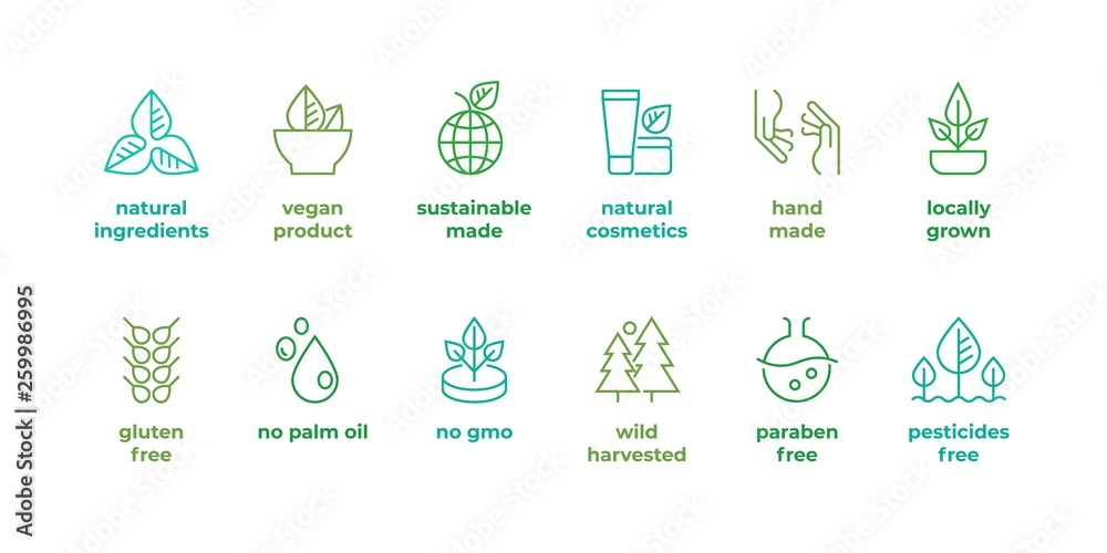 Eco line badge. Handmade eco logos, natural organic cosmetics vegan food symbols, Vector linear gluten free, no gmo emblems