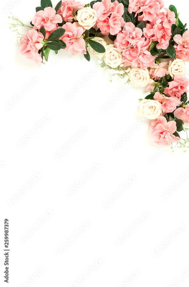 Flowers composition background . Pink flowers azalea pattern on white background. Top view. Copy space. Holiday concept Flowers composition background . Pink flowers azalea pattern on white background. Top view. Copy space. Holiday concept