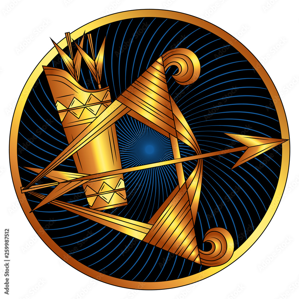 Sagittarius, golden zodiac sign, horoscope symbol.