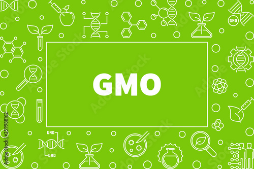 GMO horizontal frame in thin line style. Vector Genetically Modified Organism concept illustration with green background
