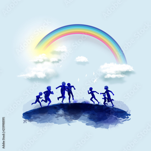Watercolor of happy kids playing together . Happy children's day. Vector illustration.