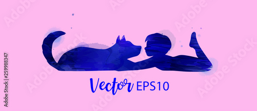 Pet care. Boy playing with dog silhouette on watercolor background. The concept of trust, friendship . Digital art painting.
