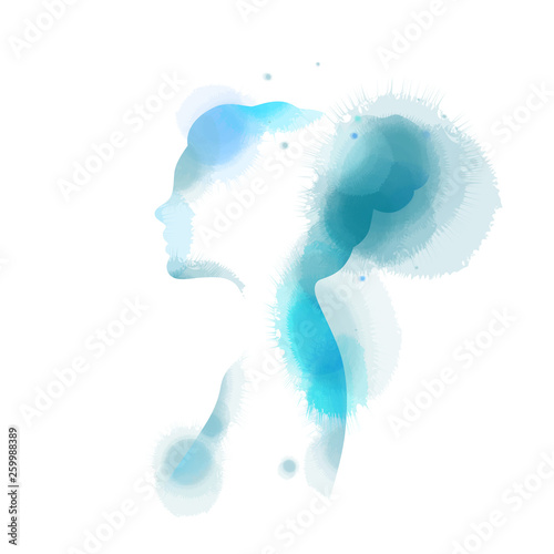 Double exposure illustration. Woman silhouette plus abstract water color painted. Digital art painting.Vector illustration.