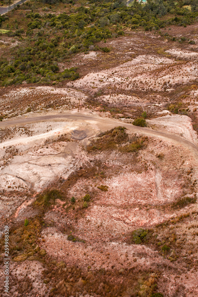 Aerial view of landscape around Queenstown Tasmania