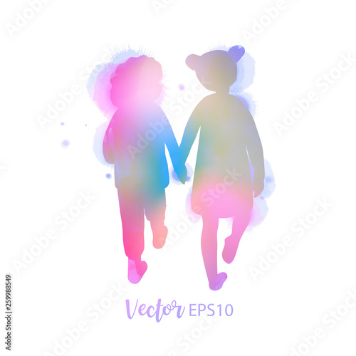 Two best friends girls holding hands walking togather.  Friendship. Vector illustration