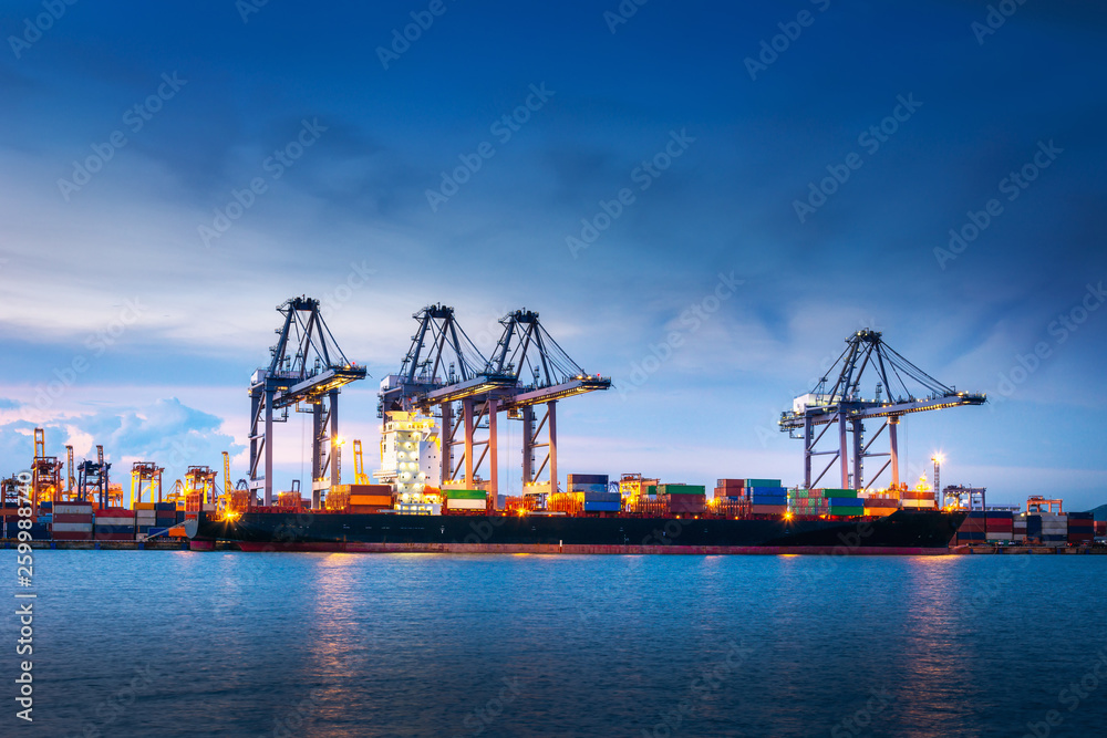 Transportation and Shipping Logistics Loading Dock Terminal., Container Import and Export of Sea Freight Transport Industrial., Landscape of Port Maritime and Harbor Cargo Shipyard With Crane Bridge