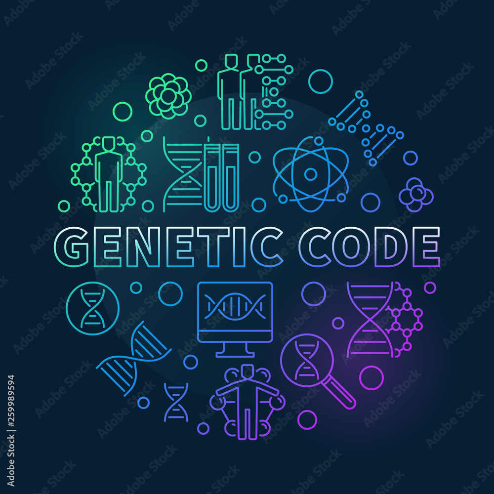 Genetic Code vector round concept colored outline illustration on dark background