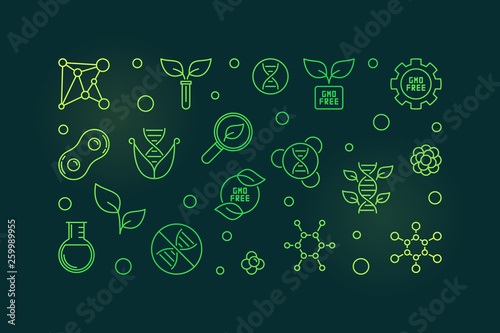 Vector GMO free colorful concept linear horizontal banner or illustration on dark background