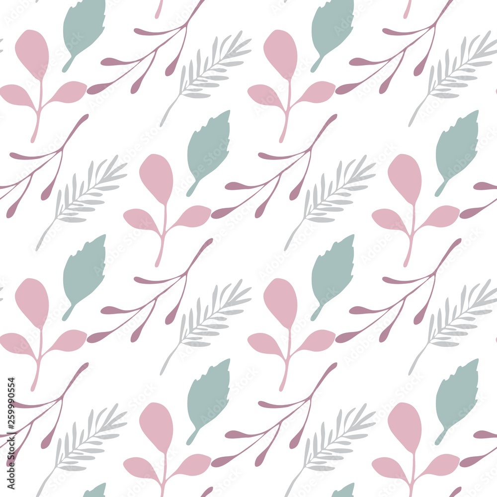 Pink leaves and branches vector seamless pattern on white background.