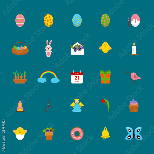 Vector easter icon set isolated on blue background.