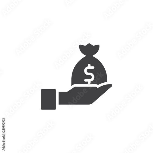 Dollar money bag on hand vector icon. filled flat sign for mobile concept and web design. Hand give money glyph icon. Symbol, logo illustration. Pixel perfect vector graphics