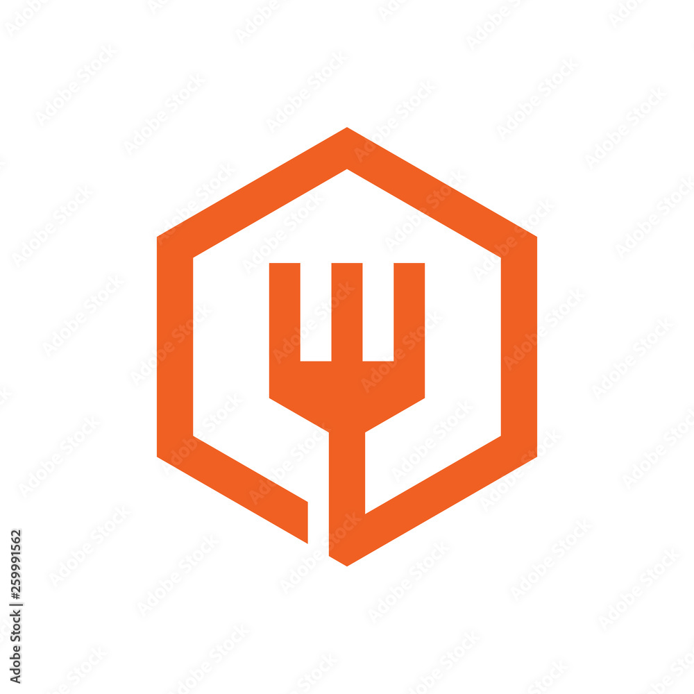Fototapeta premium Cafe, Resataurant or Kitchen Logo Concept, Fork Combined With Hexagon Shape