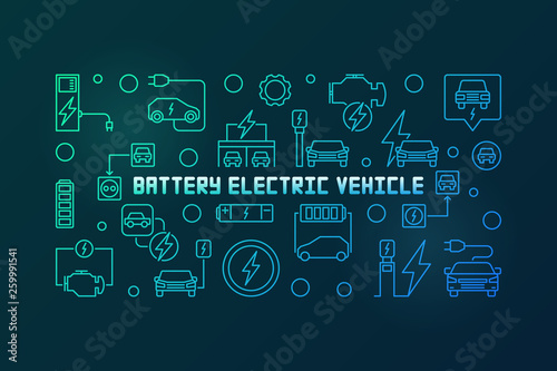 Battery electric vehicle vector colored horizontal illustration in outline style on dark background