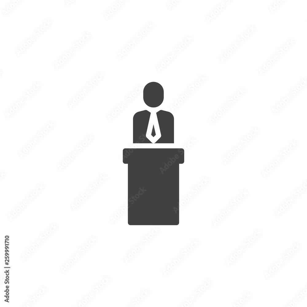 Speaker orator man vector icon. filled flat sign for mobile concept and web design. Business man standing at podium tribune glyph icon. Symbol, logo illustration. Pixel perfect vector graphics Speaker orator man vector icon. filled flat sign for mobile concept and web design. Business man standing at podium tribune glyph icon. Symbol, logo illustration. Pixel perfect vector graphics