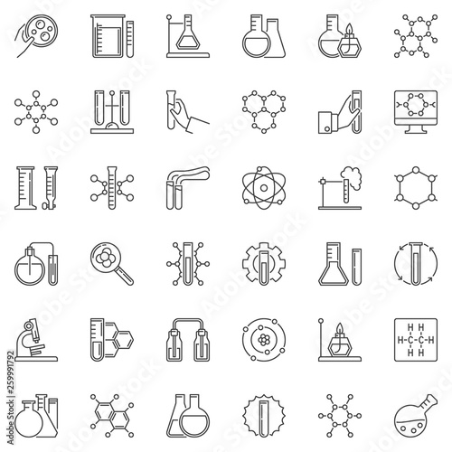 Chemistry linear icons set. Microscope, atom, flask, test-tube, chemical reaction outline symbols