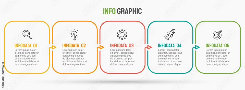 Business infographic template. Thin line design with marketing icons and 5 options, steps, rectangle. Vector linear element for presentations. Business infographic template. Thin line design with marketing icons and 5 options, steps, rectangle. Vector linear element for presentations.