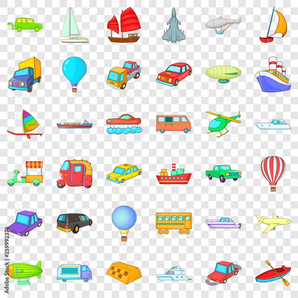 Country vehicle icons set. Cartoon style of 36 country vehicle vector icons for web for any design