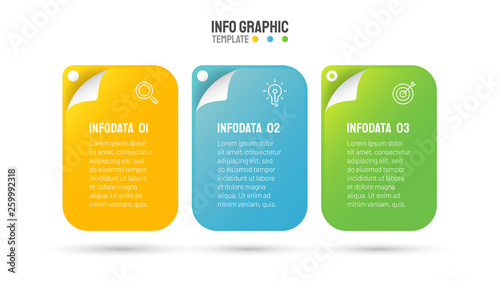 Business infographic template with 3 options and marketing icons. Creative design colorful paper elements. Can be used for presentation, annual report, business process step, banner, info graph.
