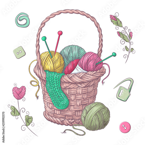 A set of knitted clothes clew knitting needles. Hand drawing. Vector illustration