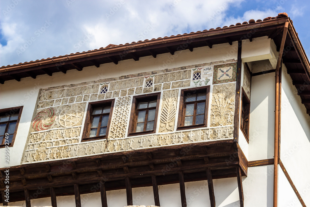 Perspective shoot of wooden stone masonry traditional turkish house in Safranbolu with stone carved ornaments