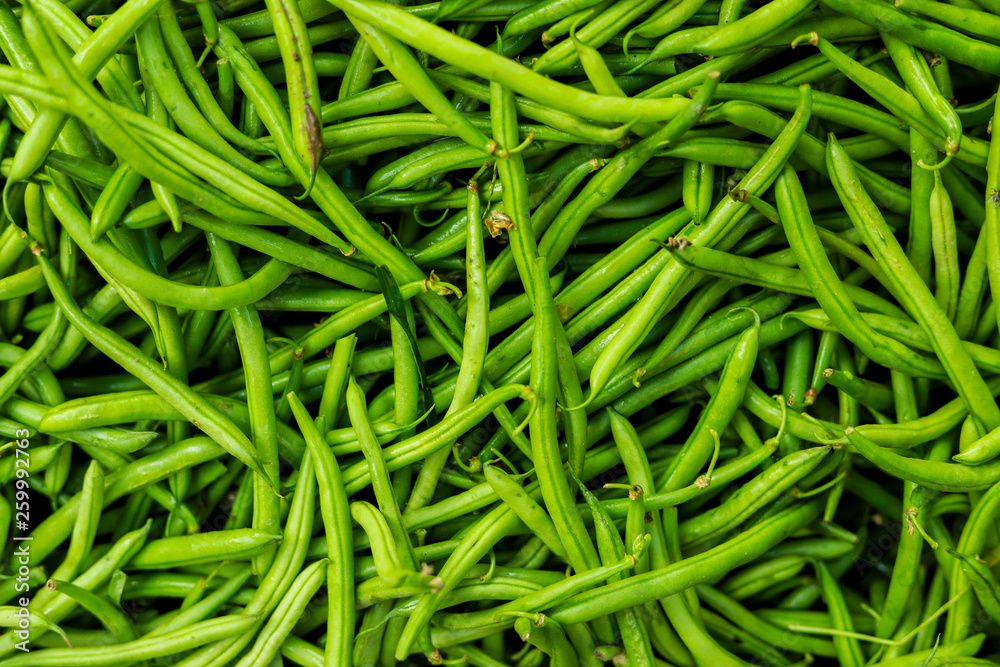 Fresh organic green beans in local marketplace Fresh organic green beans in local marketplace