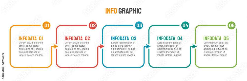 Thin line flat process . Business infographic with 5 options, arrows. Vector linear elements for presentation.