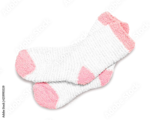 Pink Socks on white background. Winter sock made from soft fabric.