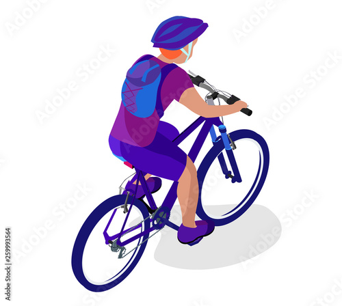 Isometric cyclist with bag. Active person on the bicycle. Sport people. Illustration on a white background