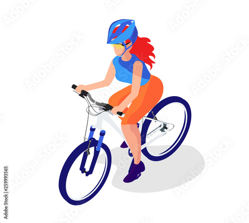 Woman on a mtb bike. Weekand activity. Girl cyclist. Isometric flat illustration