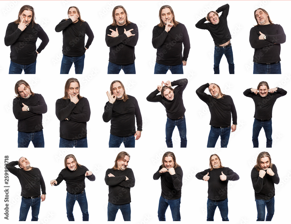 Obraz premium A set of photos of a middle-aged man in various poses and emotions. A collage of isolated on white background images.