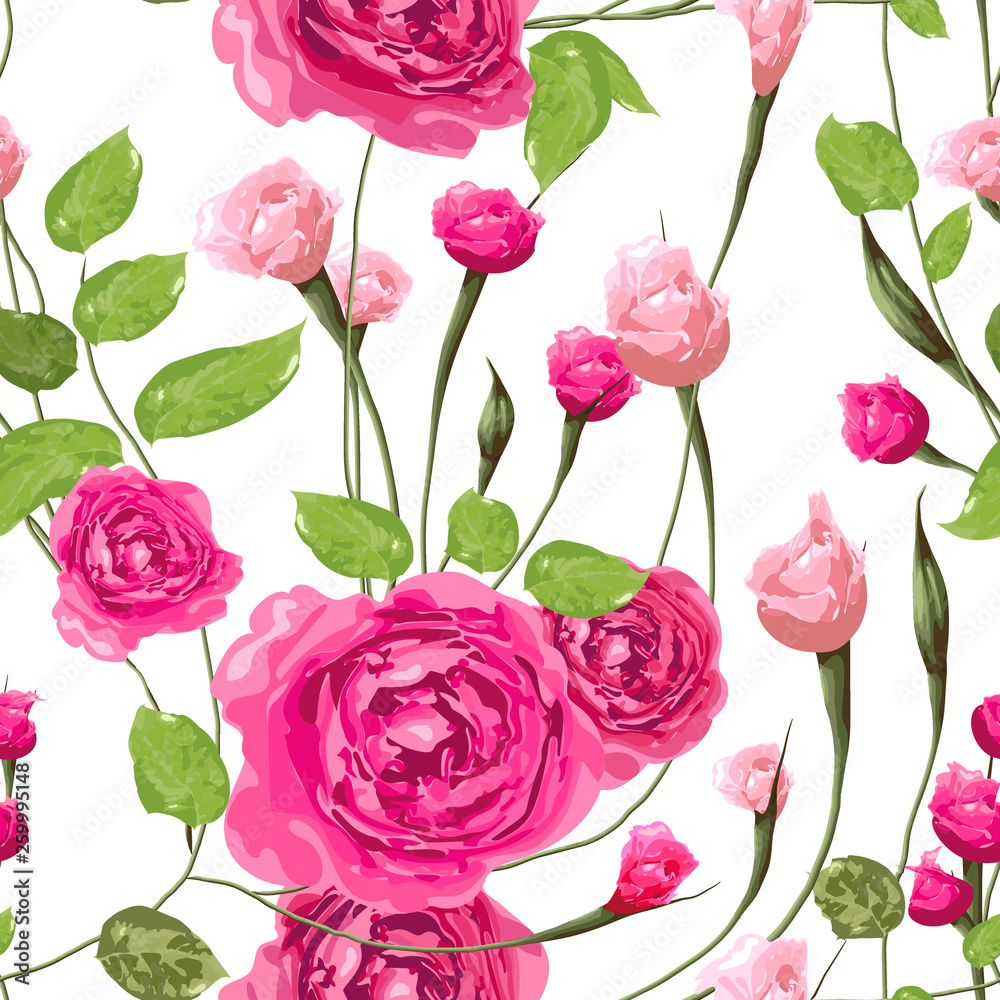 Beautiful floral vector seamless pattern. Pink rose flowers with leaves on white background. Template for textile, wallpaper, print, carton, banner, ceramic tile, card.