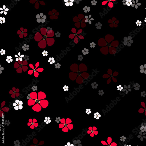 Jewelry and floral vector seamless pattern. Abstract white and crimson flowers and gold with diamonds on black background.