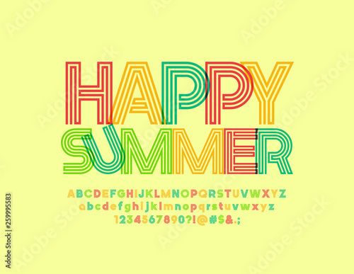 Vector bright artistic poster Happy Summer with creative Font. Colorful Alphabet set 